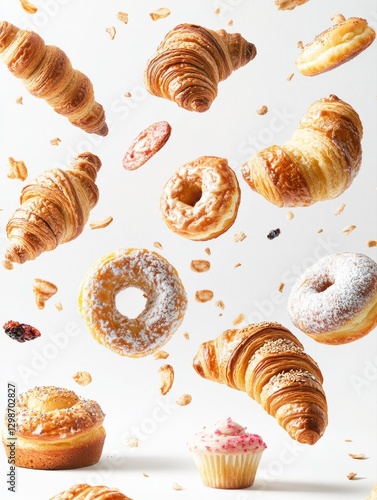 Assorted pastries float against a bright background in an enticing display of treats