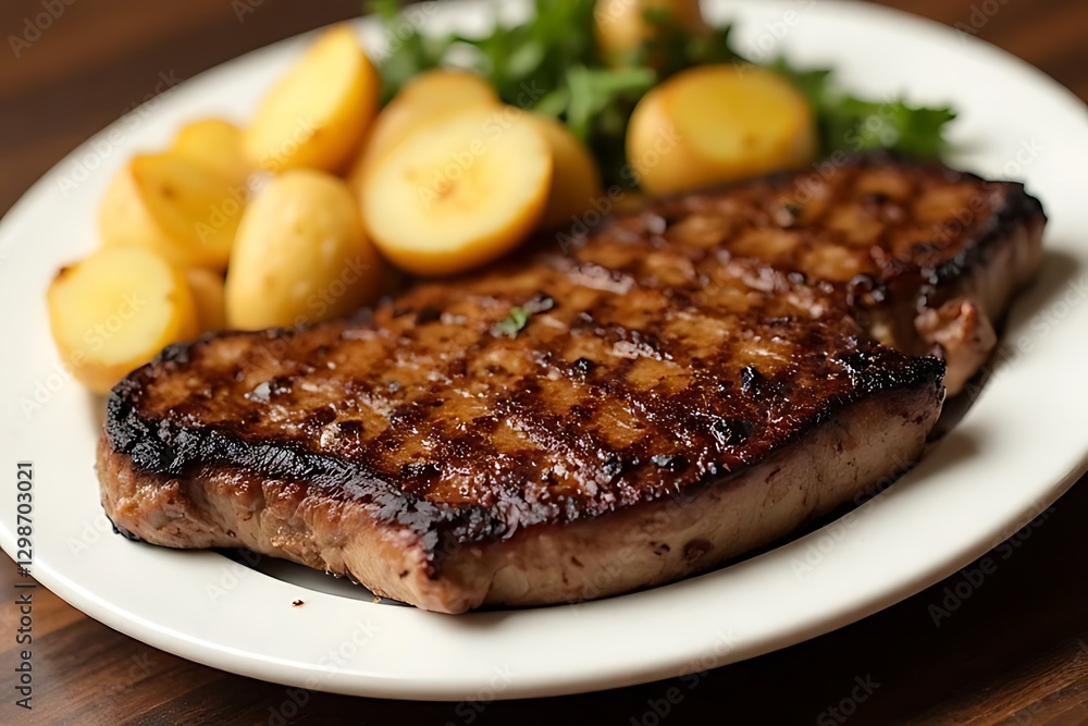 A grilled steak with roasted potatoes and greens, served on a white plate. A grilled steak with roasted potatoes and greens, served on a white plate.