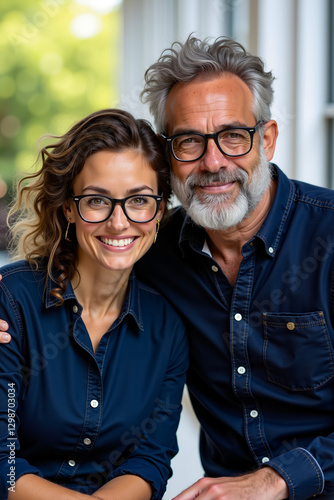 A man and a woman wearing glasses pose for a picture