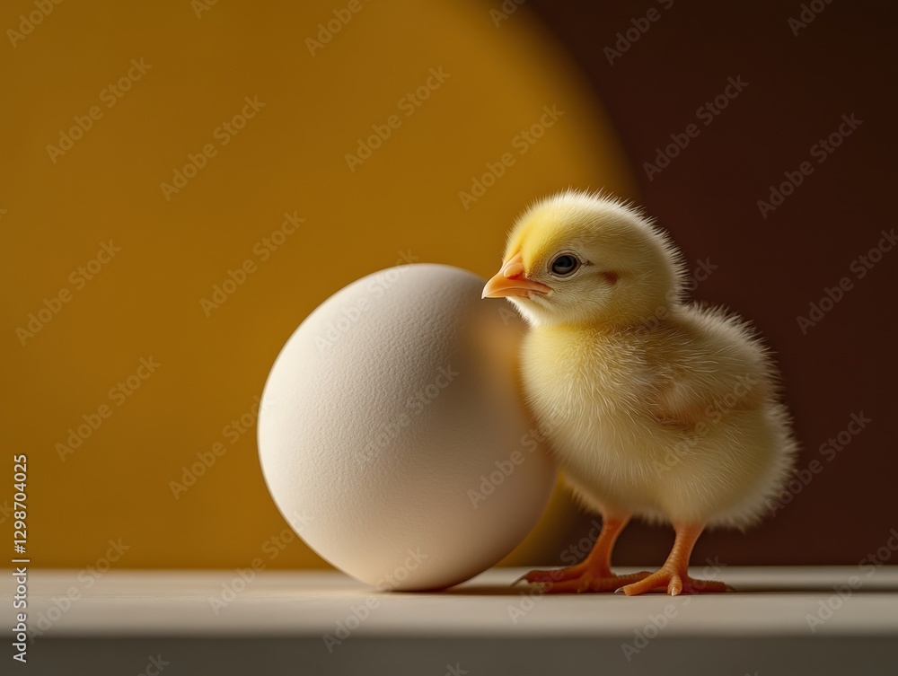 a fluffy yellow chick standing next to a large egg a fluffy yellow chick standing next to a large egg