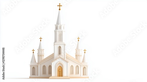 3D Model Of White Church With Golden Accents On White Background