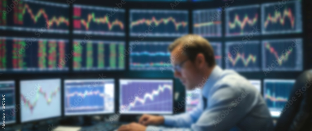 Trader cross-references charts on multiple screens, set against a blurred background of live financial feeds Trader cross-references charts on multiple screens, set against a blurred background of live financial feeds