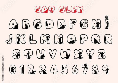 Alphabet letters and numbers with cat shadow, decorative font for Cricut, cute cat animal theme, Typography typeface vector illustration, A-Z and Number