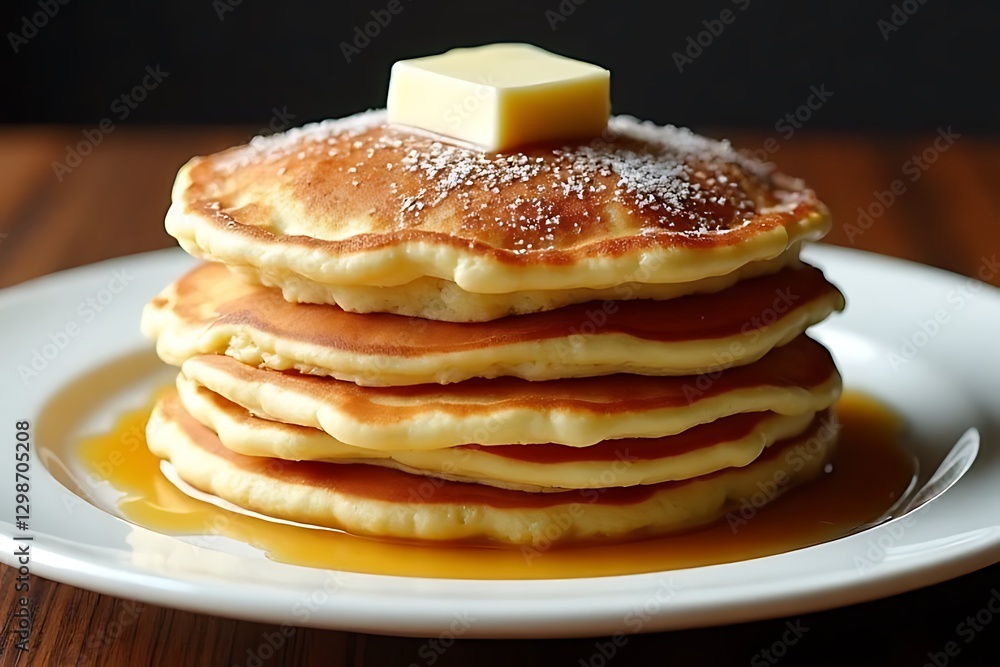 A stack of fluffy pancakes with butter, syrup, and powdered sugar. A stack of fluffy pancakes with butter, syrup, and powdered sugar.