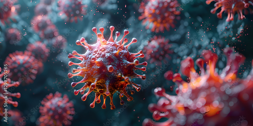 Close-up of a 3D rendered virus cell with glowing red spikes and digital effects Close-up of a 3D rendered virus cell with glowing red spikes and digital effects