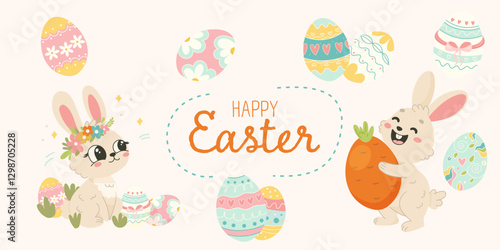 Playful Easter bunnies surrounded by colorful eggs and a big carrot. A cheerful illustration for greeting cards, decor, and gift packaging.