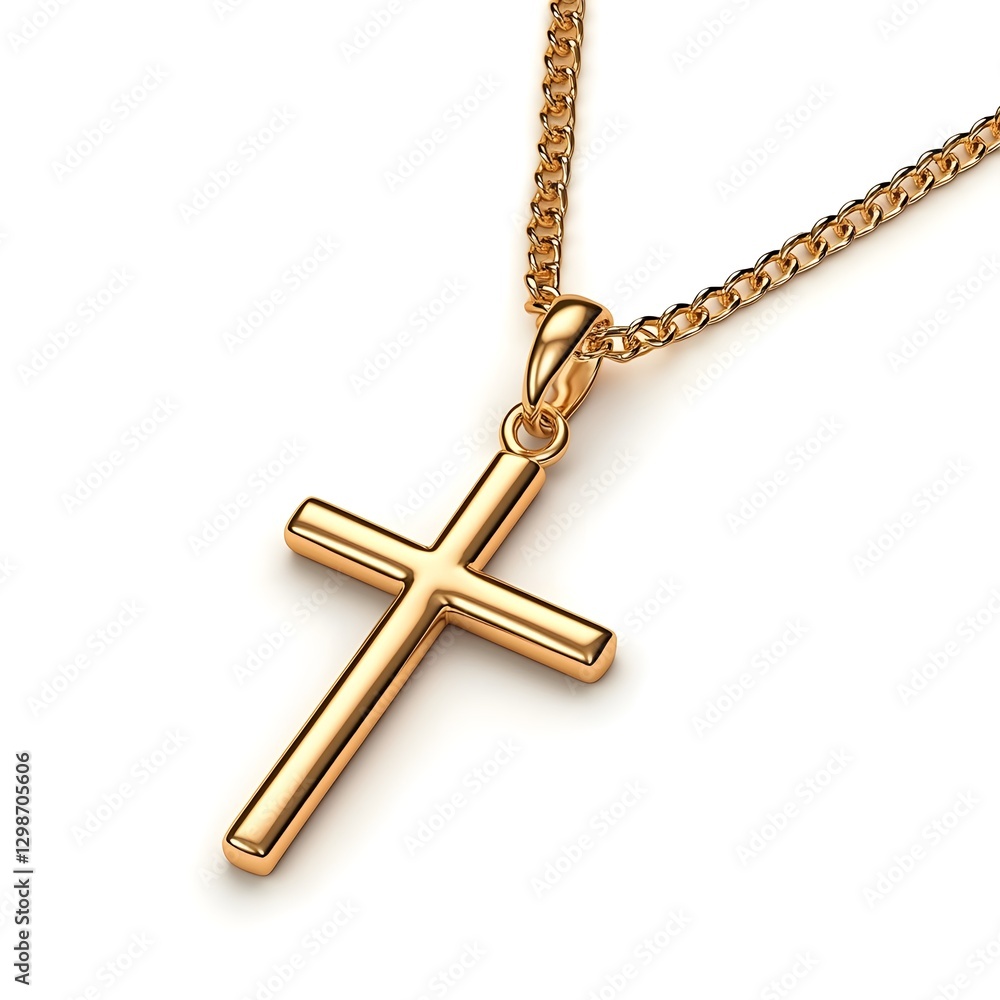 Gold Cross Pendant On Chain Against White Background Gold Cross Pendant On Chain Against White Background