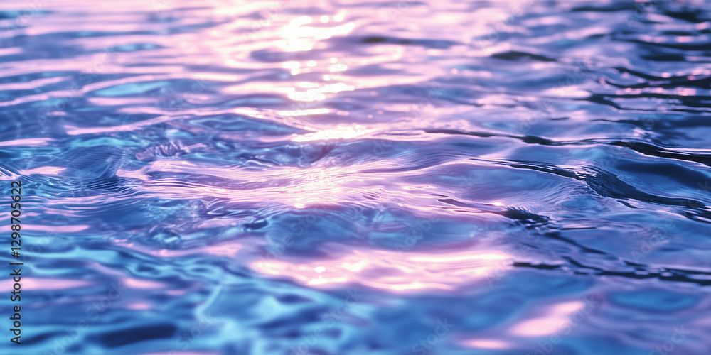 Water surface reflects light with blue and pink colors. Water surface reflects light with blue and pink colors.