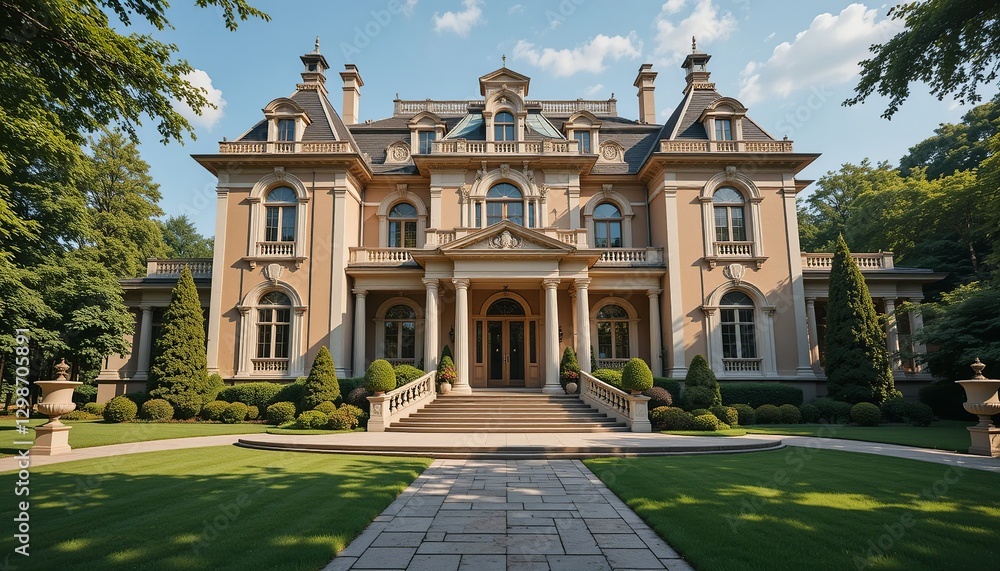Impressive mansion boasts refined architecture, manicured lawns, and stately presence, evoking elegance and grandeur. Classic design in a lush setting. Impressive mansion boasts refined architecture, manicured lawns, and stately presence, evoking elegance and grandeur. Classic design in a lush setting.