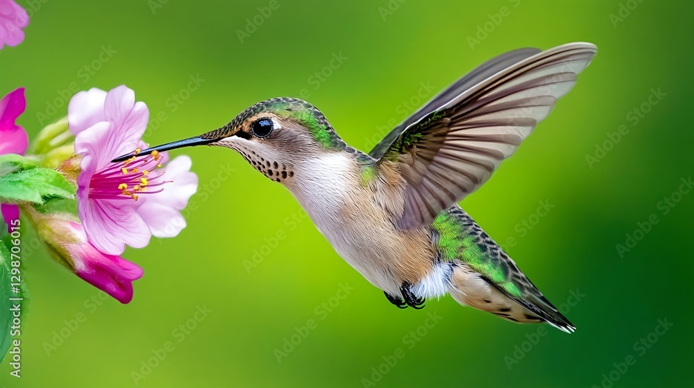 Hummingbird Near Pink Flower In Flight Hummingbird Near Pink Flower In Flight