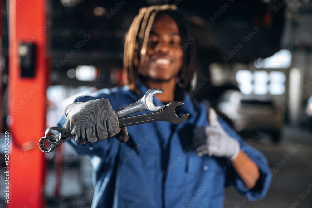 Two wrenches in hand. Male mechanic is with car in garage Two wrenches in hand. Male mechanic is with car in garage