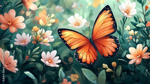 Orange Butterfly In Floral Pixel Art