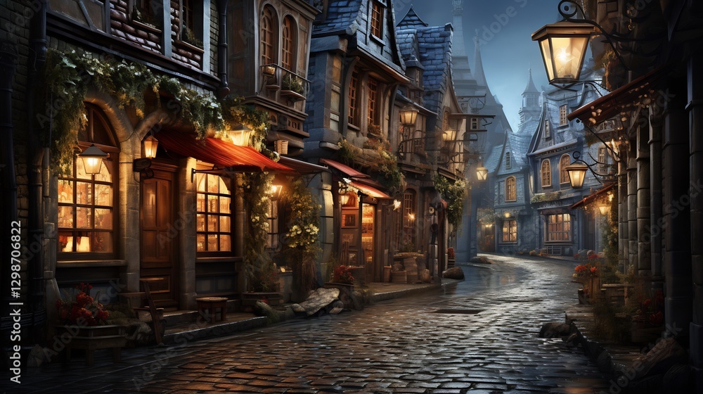 Rainy Night in a Cobblestone Medieval European Town Rainy Night in a Cobblestone Medieval European Town