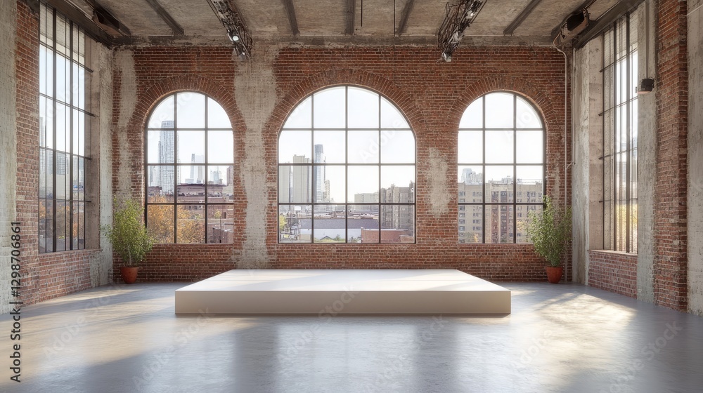 Obraz premium Industrial-chic open space with a sleek white stage, high arched windows, and rugged brick walls framing a downtown city view
