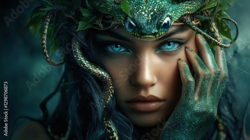 close-up of a woman with snakes in her hair