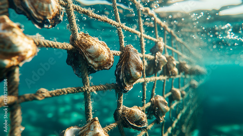 oysters on an oyster farm in an aquaculture nursery underwater, growing on a grid with ropes hanging