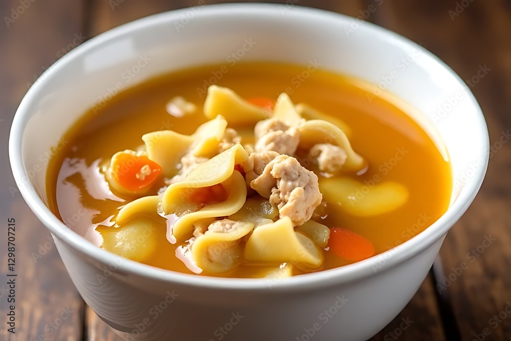 bowl of chicken noodle soup sits on a wooden surface, viewed closely. bowl of chicken noodle soup sits on a wooden surface, viewed closely.