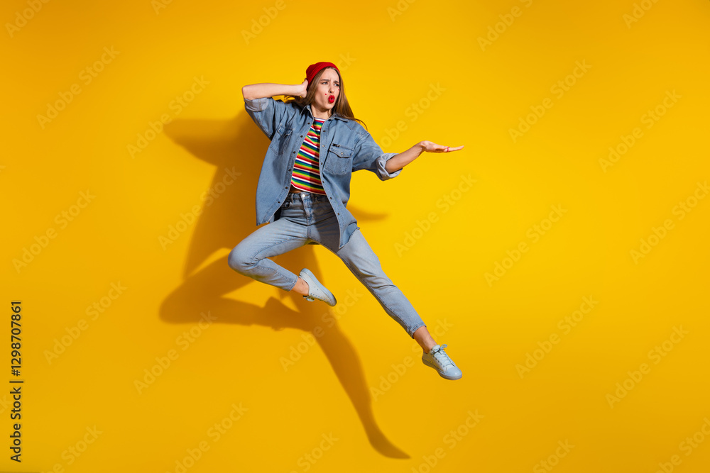Energetic young woman in trendy outfit making dynamic pose on vibrant yellow background, promoting lively and cheerful lifestyle. Energetic young woman in trendy outfit making dynamic pose on vibrant yellow background, promoting lively and cheerful lifestyle.