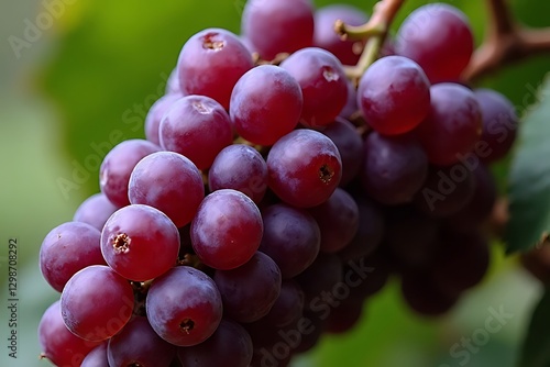 close-up captures a vibrant cluster of ripe, red-purple grapes on the vine.