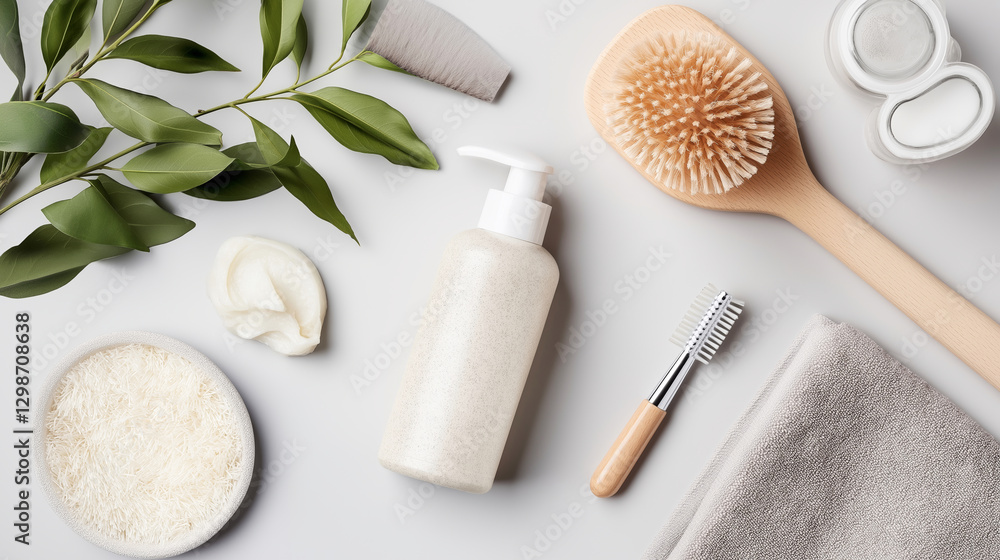 Natural cosmetics and eco-friendly accessories creating relaxing spa setting Natural cosmetics and eco-friendly accessories creating relaxing spa setting
