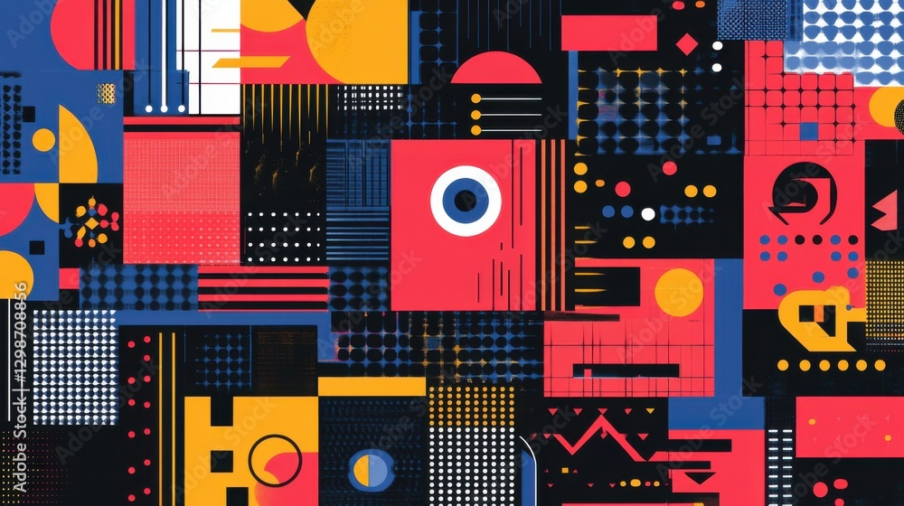 Abstract geometric designs with vibrant postmodern symbols and deconstructed shapes, ideal for high-tech prints and poster art Abstract geometric designs with vibrant postmodern symbols and deconstructed shapes, ideal for high-tech prints and poster art