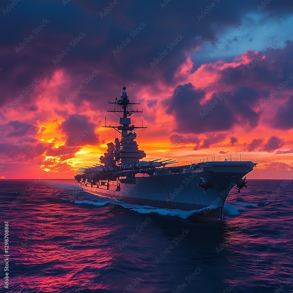 An immense aircraft carrier sailing through the vast ocean at dusk An immense aircraft carrier sailing through the vast ocean at dusk