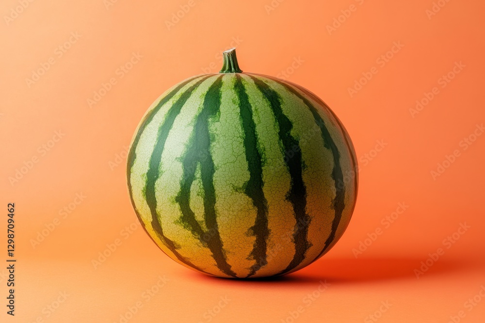 A single round green watermelon against an orange background A single round green watermelon against an orange background