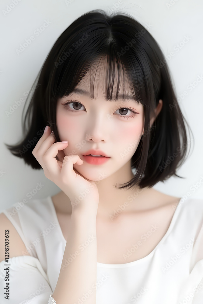 Female Asian Model with Short Hair - Young Beautiful Woman with Bob Haircut - Studio Portrait of Asian Beauty for Fashion, Cosmetic, Skincare - Posing on White Background - Smooth Hair Female Asian Model with Short Hair - Young Beautiful Woman with Bob Haircut - Studio Portrait of Asian Beauty for Fashion, Cosmetic, Skincare - Posing on White Background - Smooth Hair