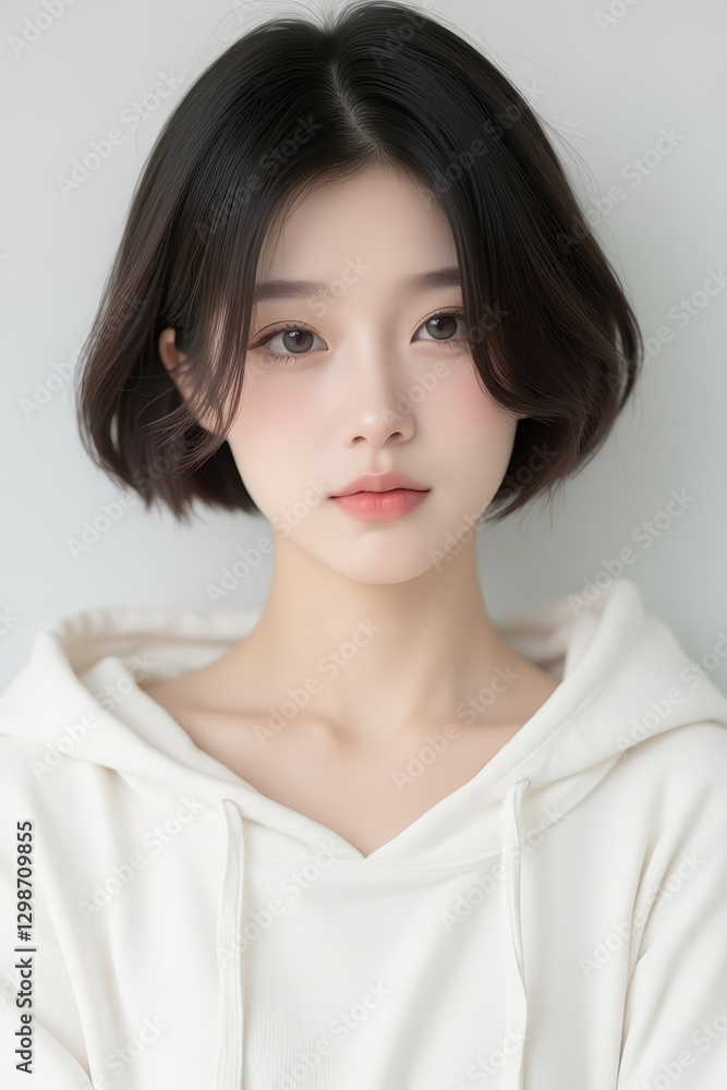 Female Asian Model with Short Hair - Young Beautiful Woman with Bob Haircut - Studio Portrait of Asian Beauty for Fashion, Cosmetic, Skincare - Posing on White Background - Smooth Hair Female Asian Model with Short Hair - Young Beautiful Woman with Bob Haircut - Studio Portrait of Asian Beauty for Fashion, Cosmetic, Skincare - Posing on White Background - Smooth Hair