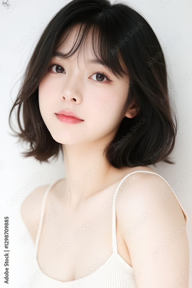 Female Asian Model with Short Hair - Young Beautiful Woman with Bob Haircut - Studio Portrait of Asian Beauty for Fashion, Cosmetic, Skincare - Posing on White Background - Smooth Hair Female Asian Model with Short Hair - Young Beautiful Woman with Bob Haircut - Studio Portrait of Asian Beauty for Fashion, Cosmetic, Skincare - Posing on White Background - Smooth Hair