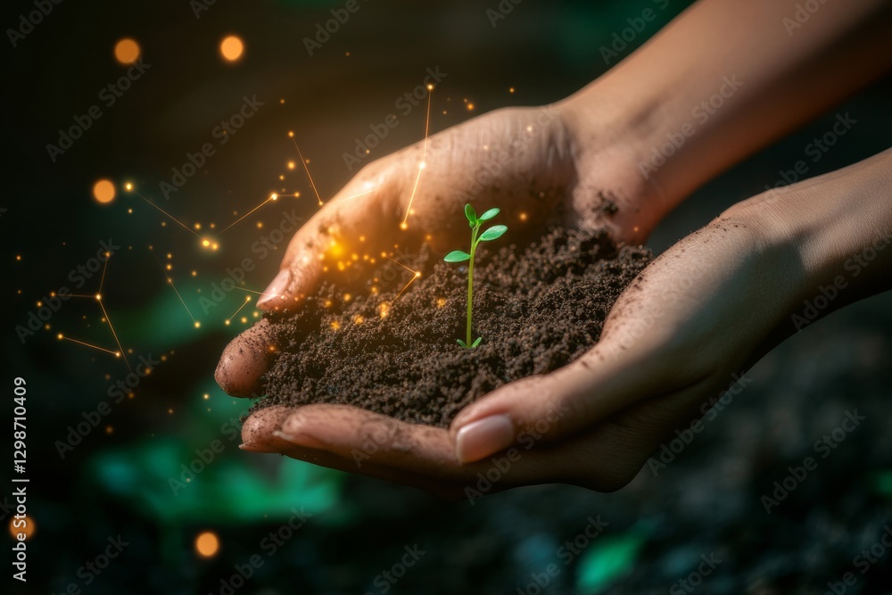 Fototapeta premium Farmer's hands cradle dark, fertile soil where a small green sprout emerges, representing hope, growth, and the importance of sustainability in agriculture
