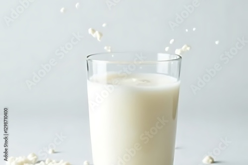glass filled with milk showcases an active splash against a plain background.
