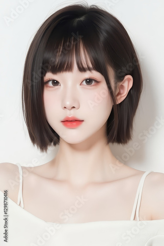 Female Asian Model with Short Hair - Young Beautiful Woman with Bob Haircut - Studio Portrait of Asian Beauty for Fashion, Cosmetic, Skincare - Posing on White Background - Smooth Hair