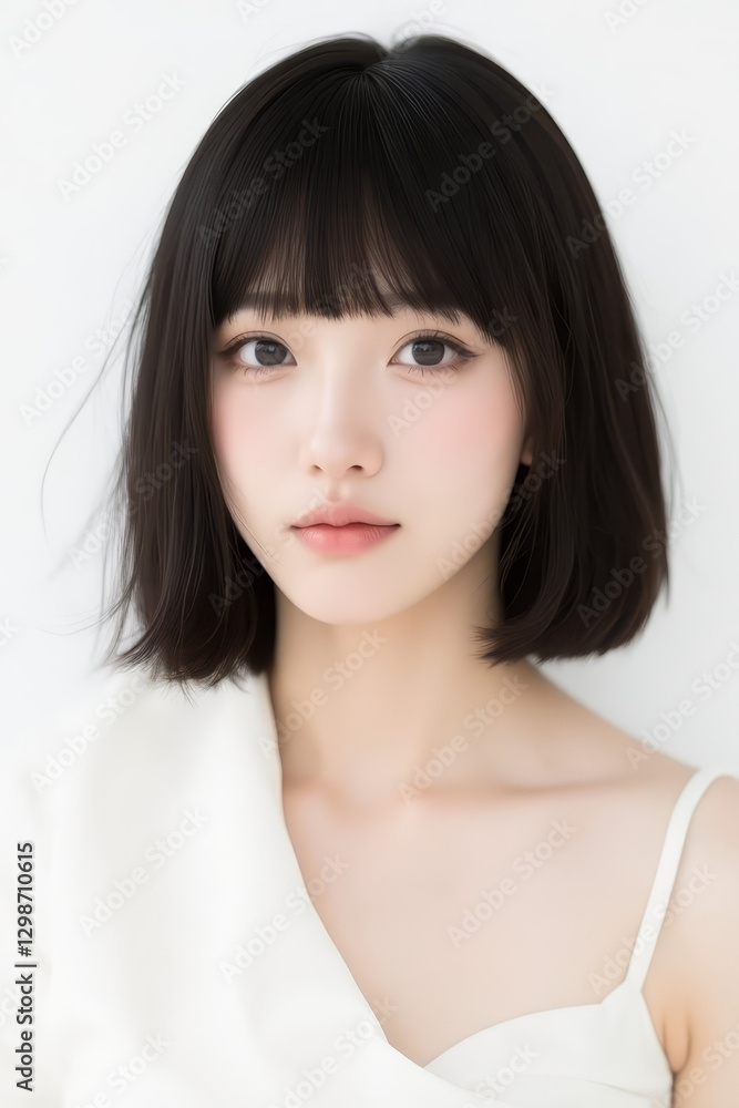 Female Asian Model with Short Hair - Young Beautiful Woman with Bob Haircut - Studio Portrait of Asian Beauty for Fashion, Cosmetic, Skincare - Posing on White Background - Smooth Hair Female Asian Model with Short Hair - Young Beautiful Woman with Bob Haircut - Studio Portrait of Asian Beauty for Fashion, Cosmetic, Skincare - Posing on White Background - Smooth Hair
