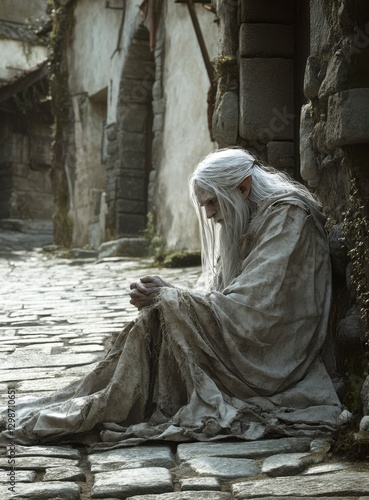 Mysterious Elderly Figure with White Hair in a Quaint Village Scene