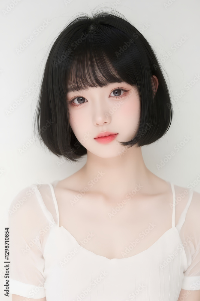 Female Asian Model with Short Hair - Young Beautiful Woman with Bob Haircut - Studio Portrait of Asian Beauty for Fashion, Cosmetic, Skincare - Posing on White Background - Smooth Hair Female Asian Model with Short Hair - Young Beautiful Woman with Bob Haircut - Studio Portrait of Asian Beauty for Fashion, Cosmetic, Skincare - Posing on White Background - Smooth Hair
