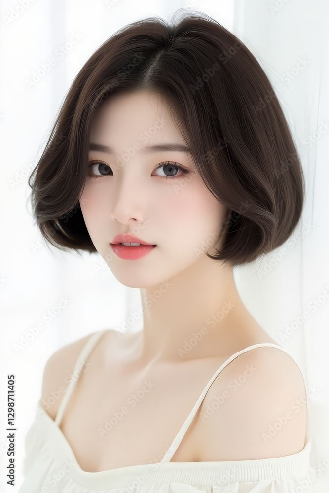 Female Asian Model with Short Hair - Young Beautiful Woman with Bob Haircut - Studio Portrait of Asian Beauty for Fashion, Cosmetic, Skincare - Posing on White Background - Smooth Hair Female Asian Model with Short Hair - Young Beautiful Woman with Bob Haircut - Studio Portrait of Asian Beauty for Fashion, Cosmetic, Skincare - Posing on White Background - Smooth Hair