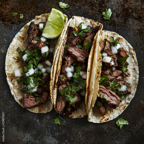 A gourmet street taco trio with carne asada, al pastor, and carnitas, soft corn tortillas, fresh cilantro and onions, vibrant street food aesthetic, sharp textures. 