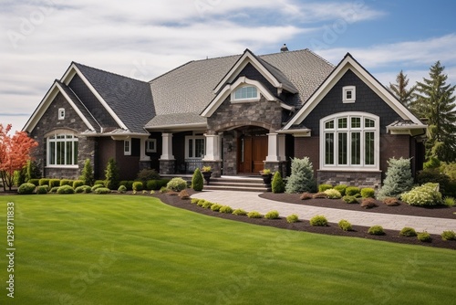 Luxury house exterior with brick and siding. House in the park