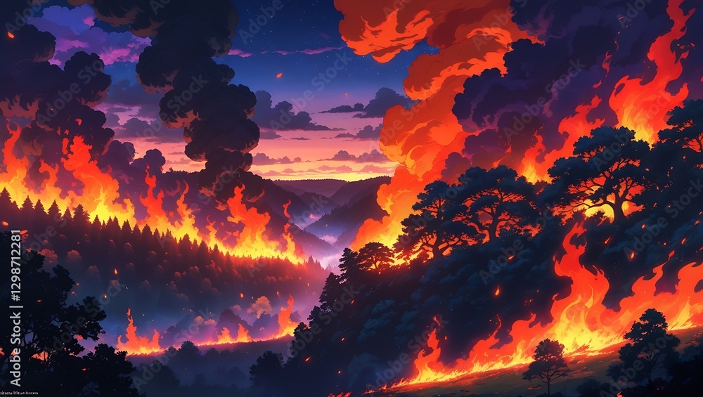 Fototapeta premium panoramic photo Intense and Realistic Fantasy Artwork of a Raging Forest Fire Sweeping Through the Wilderness at Dusk