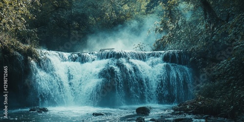 Cascading waterfall surrounded by lush greenery in a serene forest setting during daylight hours