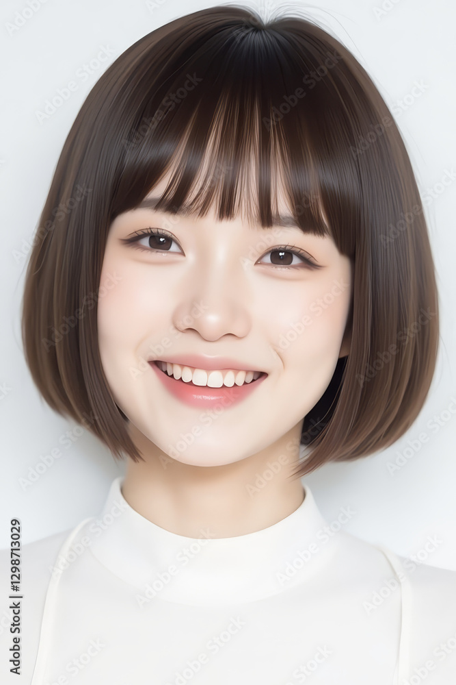 Female Asian Model with Short Hair - Young Beautiful Woman with Bob Haircut - Studio Portrait of Asian Beauty for Fashion, Cosmetic, Skincare - Posing on White Background - Smooth Hair Female Asian Model with Short Hair - Young Beautiful Woman with Bob Haircut - Studio Portrait of Asian Beauty for Fashion, Cosmetic, Skincare - Posing on White Background - Smooth Hair