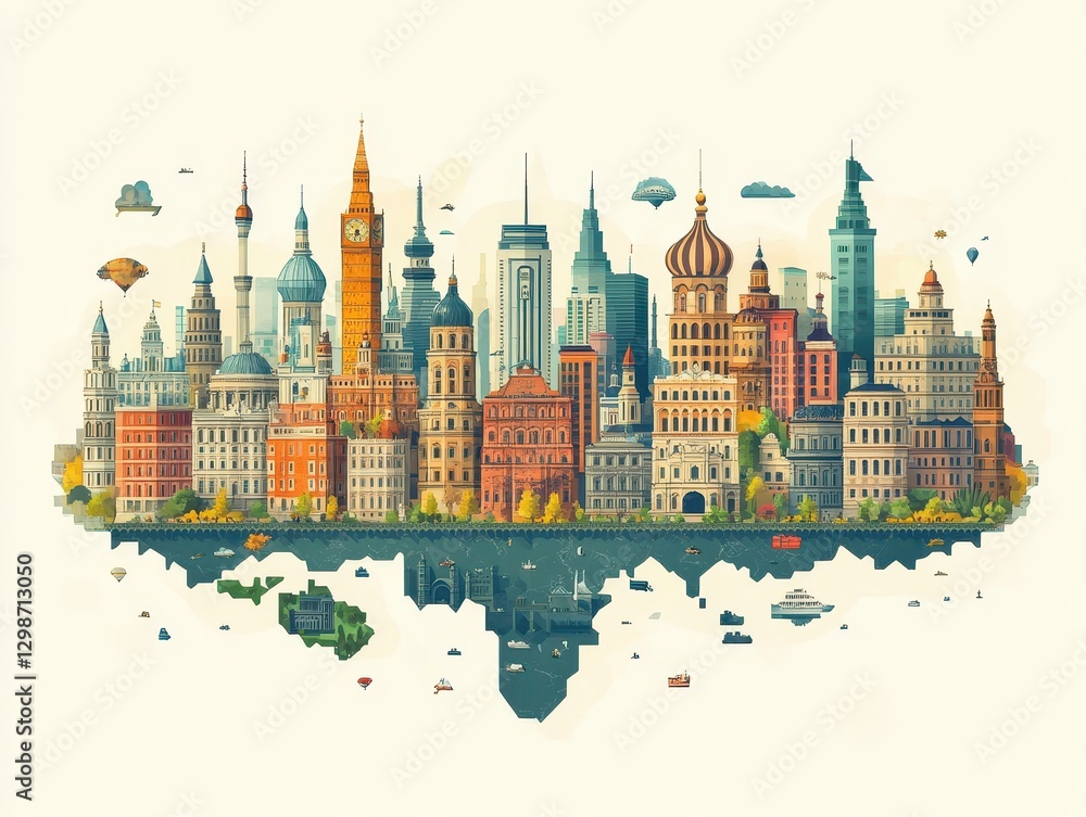 Illustrated Panorama of a Fantasy Cityscape Merging Iconic Architectural Styles across Global Landmarks with Symmetrical Reflections Illustrated Panorama of a Fantasy Cityscape Merging Iconic Architectural Styles across Global Landmarks with Symmetrical Reflections
