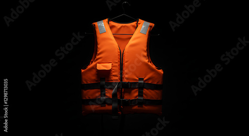 Safety First: A lone life jacket hangs against a stark black background, a potent symbol of preparedness and security.
