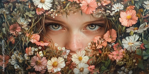 Close up of a young girl surrounded by colorful flowers with captivating green eyes in a lush floral setting