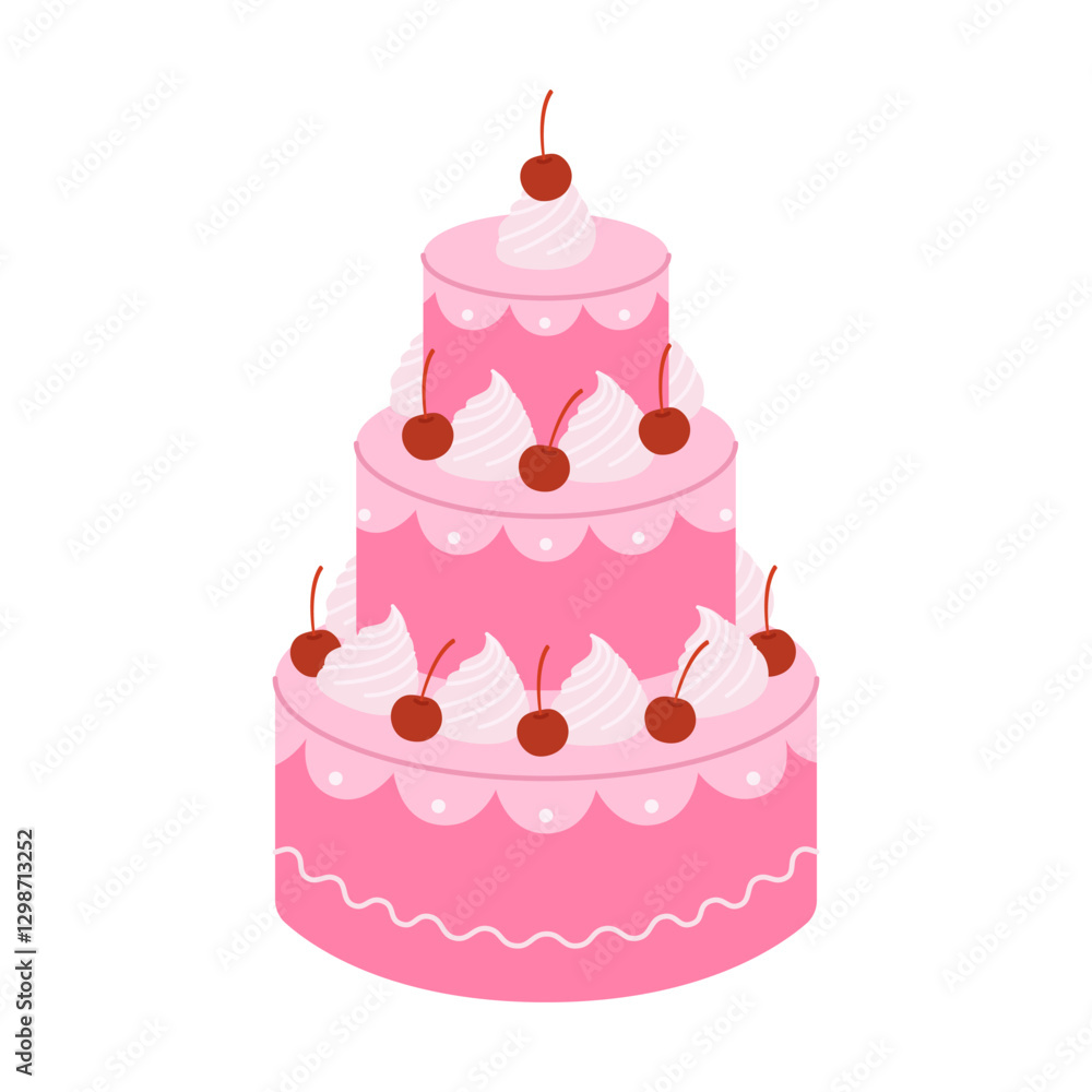 Pink three tier cake with cherries and cream. Dessert for birthday, anniversary, wedding. Sweet holiday baking for banner, poster, greeting card. Vector flat illustration isolated on white background Pink three tier cake with cherries and cream. Dessert for birthday, anniversary, wedding. Sweet holiday baking for banner, poster, greeting card. Vector flat illustration isolated on white background