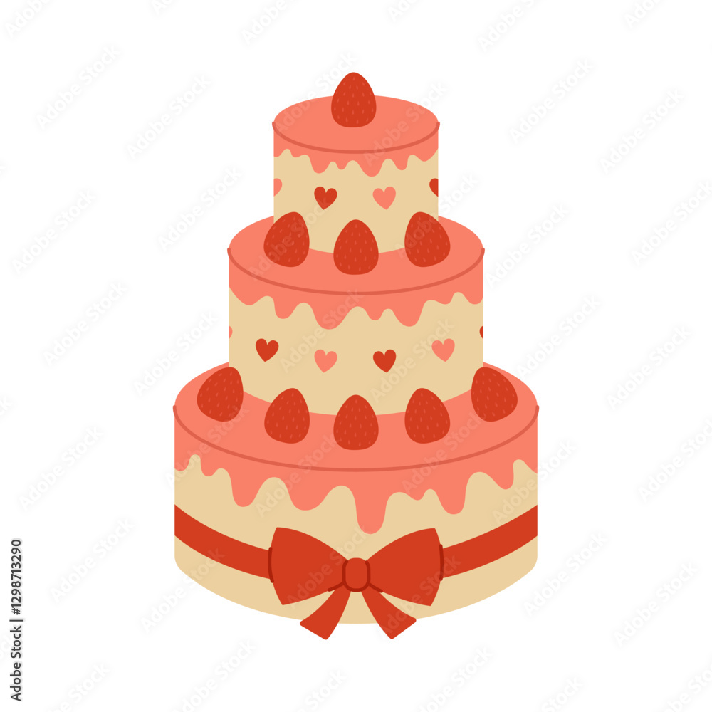 Coral three tier cake with strawberries, hearts and bow. Dessert for birthday, anniversary, wedding. Sweet holiday baking for greeting card. Vector flat illustration isolated on white background Coral three tier cake with strawberries, hearts and bow. Dessert for birthday, anniversary, wedding. Sweet holiday baking for greeting card. Vector flat illustration isolated on white background