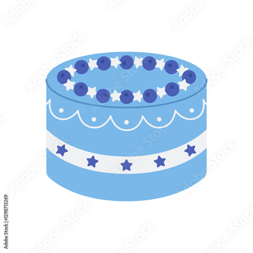 Blue cake with blueberries and stars. Dessert for birthday, anniversary. Sweet holiday baking for banner, poster, greeting card. Vector flat illustration isolated on white background