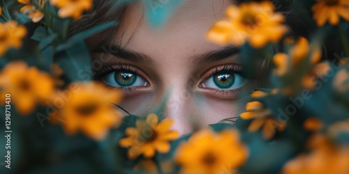 Close-up of young girl's face framed by vibrant yellow flowers in bright natural light outdoors