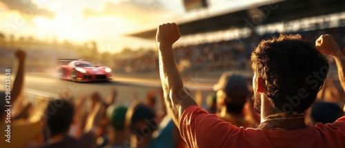 excited sports fans cheering race car at sunset
